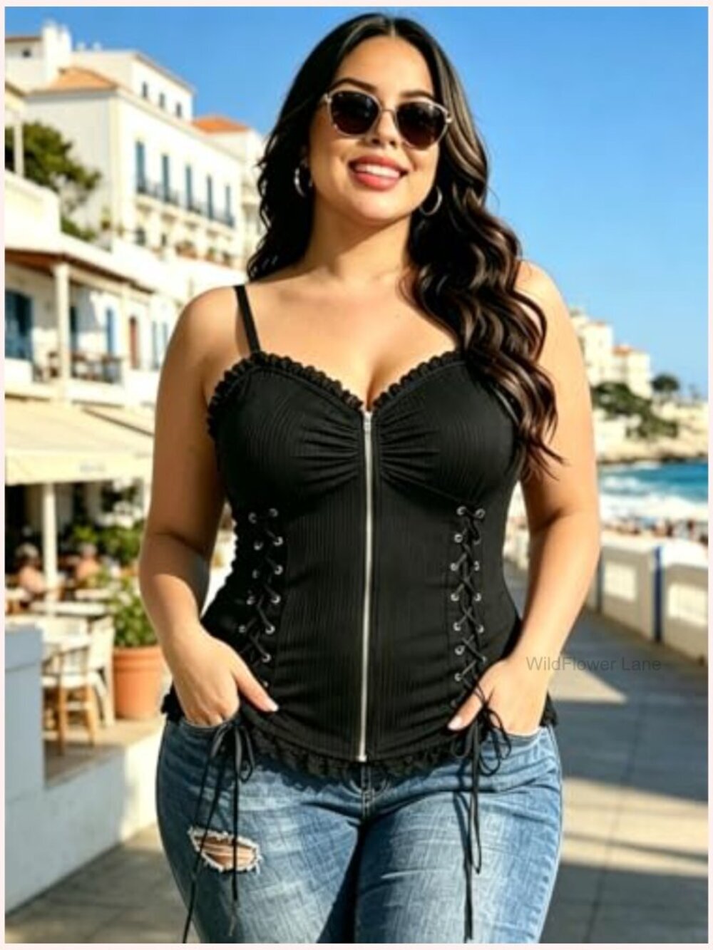 Women's Plus Size Lace Up Corset Cami Tank Top Gothic Tunic - Picture 4 of 7